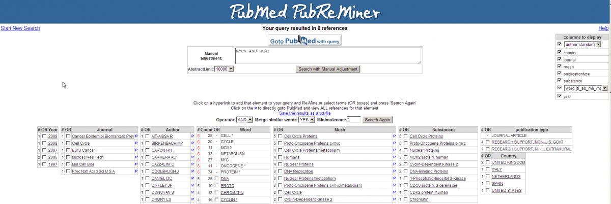 Figure22: The PubReminer tool web interface; the   genes MCM2 and MYCN co-occur in one article.