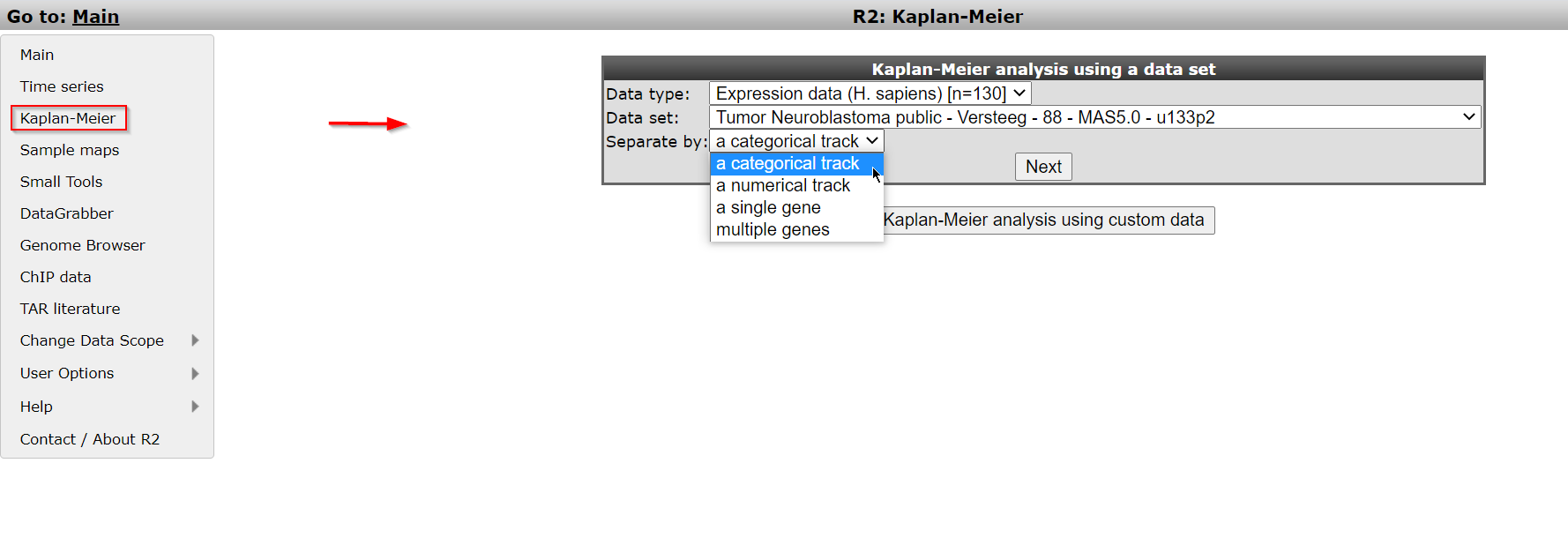 Figure    1: Select a Kaplan Meier option.