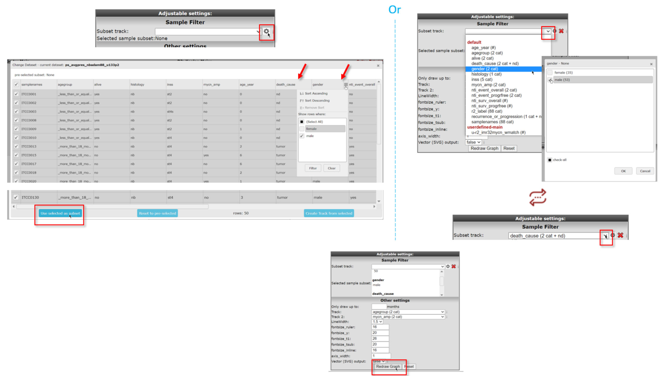 Apply sample filters to your dataset for the Kaplan Meier either with a grid (left) or with the dropdown (dropdown)